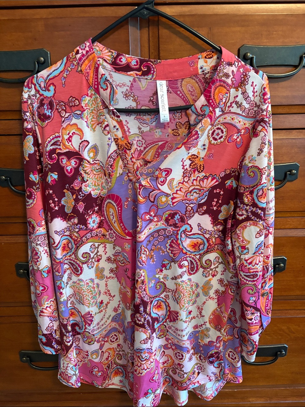 Dear Scarlett- Lizzie Vibrant Pink & Purple Paisley Split-Neck Blouse